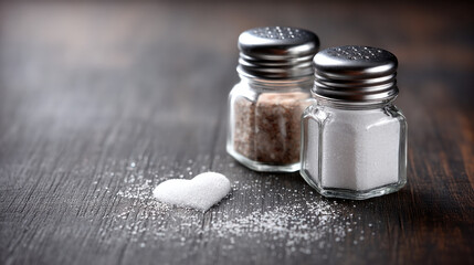 Heartbreak concept with salt shaker and broken heart shape on wooden surface