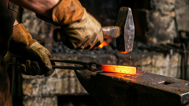 Skilled blacksmith shapes glowing hot metal with hammer and tongs on an anvil in a traditional forge setting with sparks flying everywhere during the forging process. - Powered by Adobe