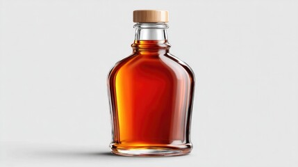 Transparent glass syrup bottle with wooden cap and smooth textured liquid on light gray background for product design