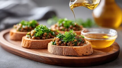 Tapenade on whole grain toast with olive oil drizzle for gourmet appetizers on wooden board