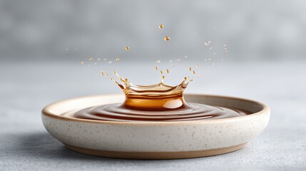 Syrup drop splashing elegantly in motion above white ceramic plate capturing detailed liquid dynamics for art and design