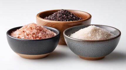 Assorted salts in wooden and ceramic bowls featuring himalayan pink salt, black lava salt, and sea salt on white background for culinary and gourmet use
