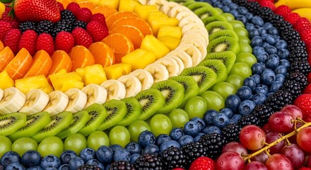 Vibrant rainbow fruit platter arranged in a spiral pattern