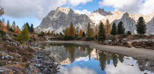 Mountain Lake - Lago di Limides Dolomites National Park Italy - Alpine landscape with mountains and lakes in autumn fall summer