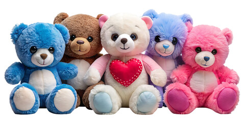 Five colorful teddy bears on white background isolated on a transparent background blue brown