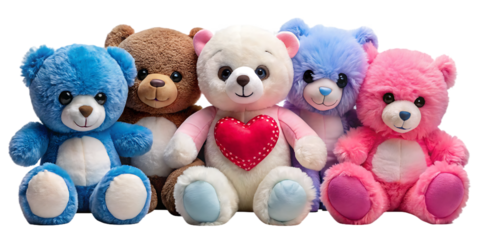 Five colorful teddy bears on white background isolated on a transparent background blue brown