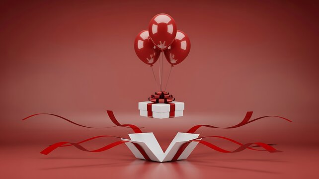A 3D rendering of an open gift box with balloons and ribbons floating above a red background
