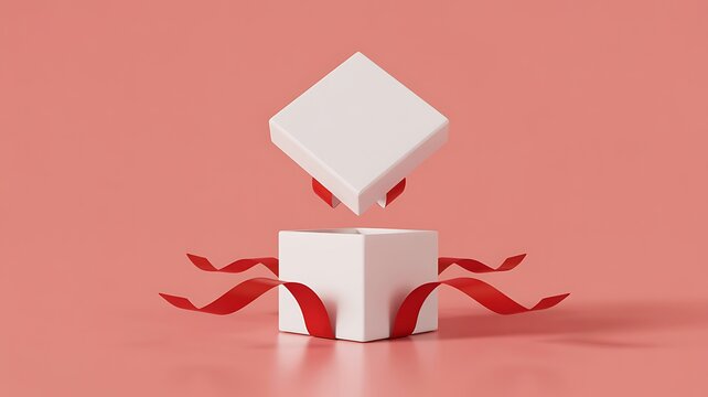 A 3D rendering of an elegant white gift box with red ribbon on a minimalist background
