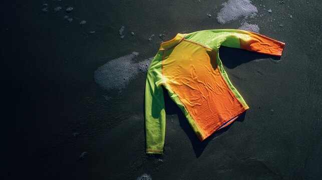 rashguard. Neon surf rashguard laid flat on wet sand, material stretched. lifestyle magazines, social media lookbooks, designed for lifestyle magazines and social media content.