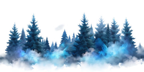 Frosty blue trees on white clouds isolated on a transparent background