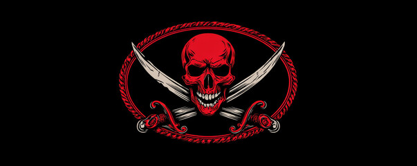 Bold pirate party logo, oval frame, skull and swords, black background 32k ultra HD