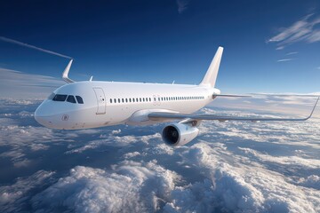 Fototapeta premium White Airplane Flying Above Fluffy White Clouds Against a Blue Sky Air Travel and Transportation Aerial View Cloudscape Aviation Tourism Sunlight