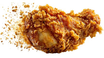 Crispy Delight: A close-up shot of a golden, crispy fried chicken drumstick, enticing the viewer with its crunchy exterior and juicy texture. 