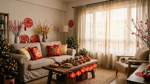 Living room decorated with chinese new year ornaments and kumquat trees. Traditional lunar new year celebration.