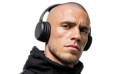 Modern Man Immersed in Music: A bald-headed man, exuding an air of intense focus, is seen wearing headphones. He seems completely absorbed in his audio experience.
