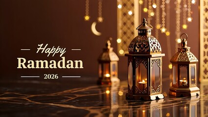 Obraz premium A warm, festive Ramadan 2026 scene featuring two glowing traditional Islamic lanterns, ornate patterns, and elegant decorations, perfect for posters, banners, websites, and holiday celebrations.