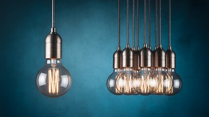A professional product photography composition featuring lightbulbs against a dark blue background