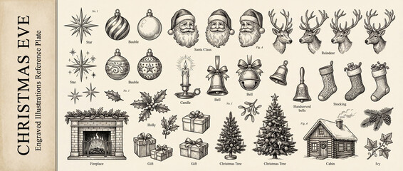 Naklejka premium Engraved vintage collection showcasing Christmas Eve decorations and symbols in intricate detail