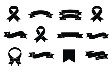 Collection of black ribbon and banner graphic design elements on white background symbol