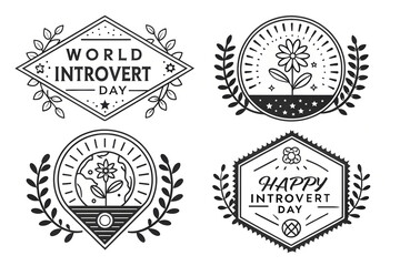 Obraz premium Monochrome Introvert Day emblems with floral, geometric, and meditative motifs celebrating solitude, personal space, and quiet introspection generative ai