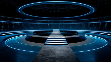 Sci-Fi Style Circular Stage with Blue Neon Lights and Central Runway