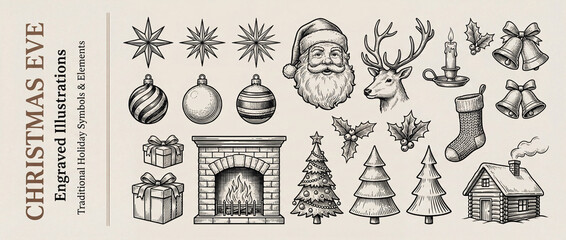 Engraved collection of vintage Christmas Eve illustrations featuring holiday symbols and festive elements