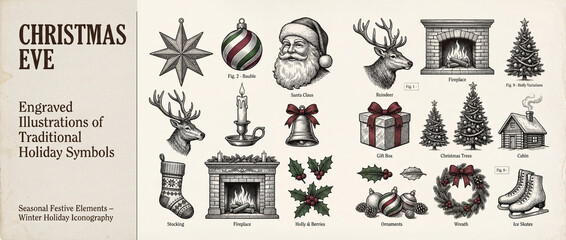 Engraved collection of festive holiday symbols capturing the spirit of Christmas Eve celebrations