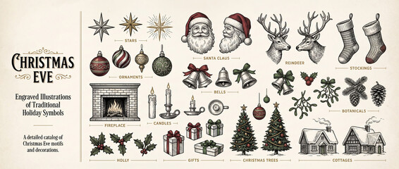 Engraved collection of vintage holiday symbols featuring Santa, reindeer, and Christmas trees in a festive arrangement