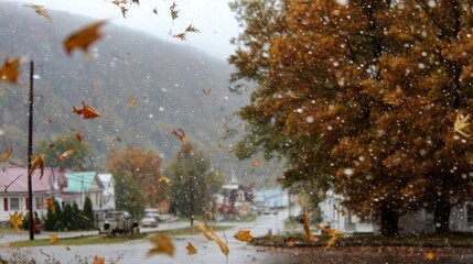 Strong Autumn Windstorm Moving Through Countryside with Flying Leaves and Rain