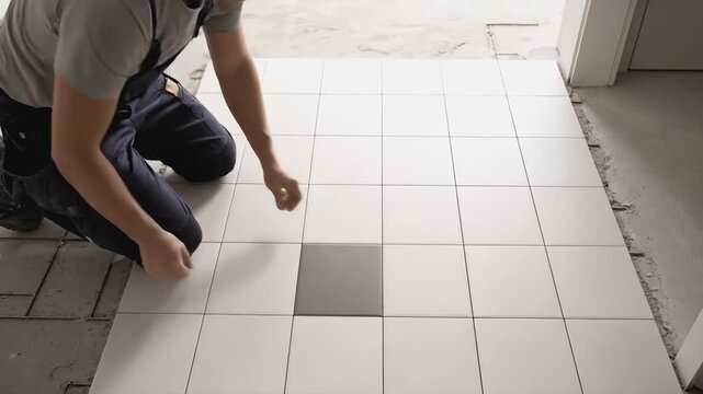Skilled male tiler is laying tiles on the floor, carefully positioning each piece, showcasing the meticulous process of tile installation and craftsmanship