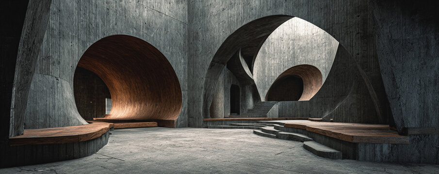 Brutalist concrete geometry softened with sculpted wood forms 32k ultra HD