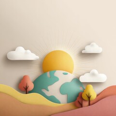 Earth Day Concept Art with Globe Sun and Autumnal Trees in a Textured Beige Landscape