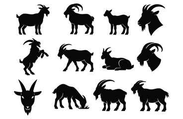 Fototapeta premium Collection of black goat silhouettes in various poses and headshots animal white