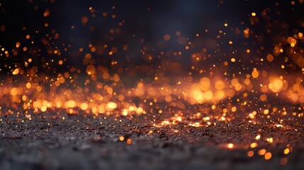 Glowing Orange Sparks Rising Against a Dark Grungy Floor Surface in a Bokeh Style with Soft Focus and Atmospheric Haze Background