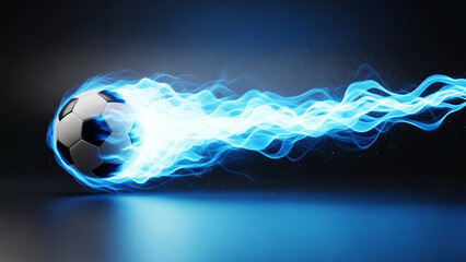 Soccer ball engulfed in bright blue energy flames on dark background football sport