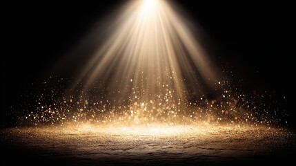 Golden Spotlight Illuminating Sparkling Glitter Particles on Dark Background