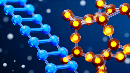 Molecular structures depicted in 3D with blue and orange atoms connected by transparent bonds against a dark blue background with white dots.