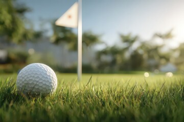 Golf Ball on Lush Green Grass Near White Flag Under Bright Sunlight Outdoors