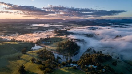 Serene Early Morning Frost and Fog Over Fields and Rivers at Dawn in Cold Landscape