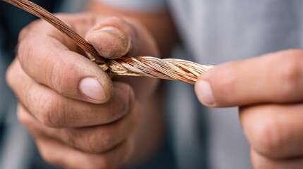 Medium shot of technician skillfully twisting copper wires for secure electrical splicing connection.