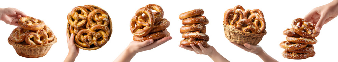 Set of hand holding pile group stack of Pretzel, baked knotted bun bread pastry dessert, rattan basket, transparent cutout PNG. Many different style. Mockup for design