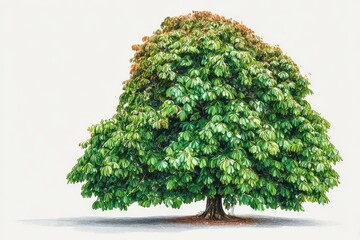 Isolated Green Leaved Tree with Rounded Canopy and Rough Bark in Sunlight on Plain White Background