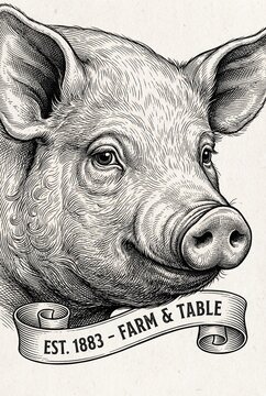 Engraved vintage artwork of a pig celebrating farm-to-table traditions since 1883