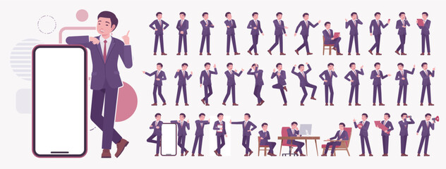 Stylish asian businessman in formal suit character set, male top manager elegant office interview outfit business look, mens fashion, confident poses, elegant wear bundle. Vector illustration