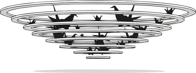 同心円状の螺旋状に飛ぶ日本の折り鶴、抽象的な紙の鳥の渦巻きのベクターイラスト
