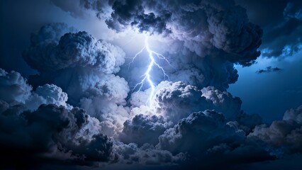 Powerful lightning strikes through dense storm clouds in a dramatic display of electric energy and atmospheric power