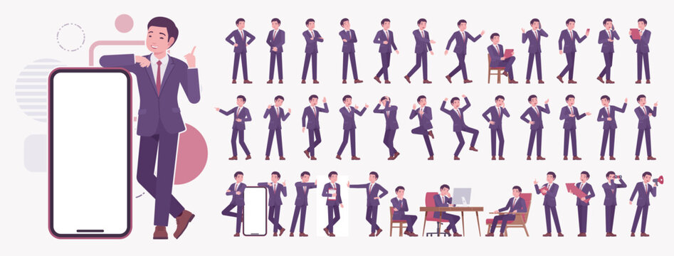 Stylish asian businessman in formal suit character set, male top manager elegant office interview outfit business look, mens fashion, confident poses, elegant wear bundle. Vector illustration