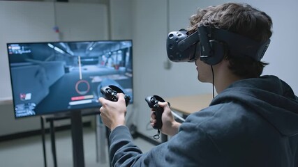 Young man engaged in immersive virtual reality gaming, showcasing dynamic interaction with controllers and screen, highlighting advanced technology and gaming experience