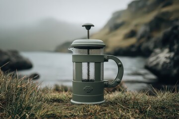 Olive Green French Press on Grass Overlooking Misty Lake in Mountainous Landscape