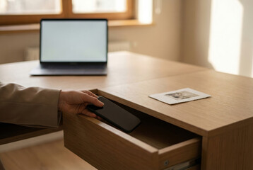 Naklejka premium Hand storing smartphone in office desk drawer